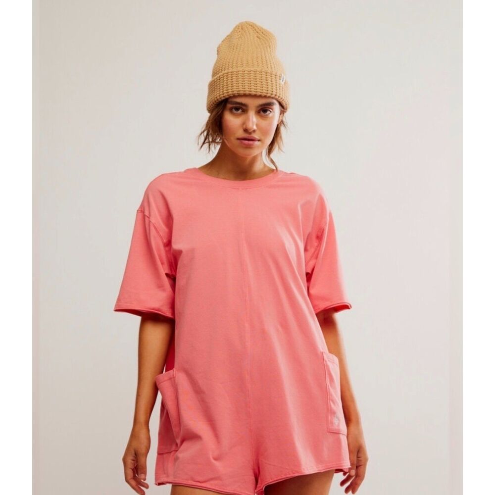Neon Coral, Short-Sleeve Tee Romper/ FP Movement by Free People